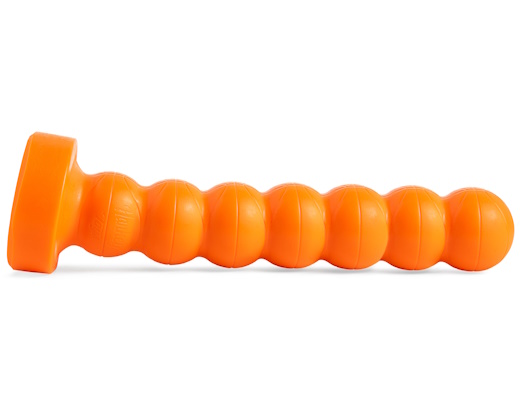 Orange basketball-shaped dildo lying on its side